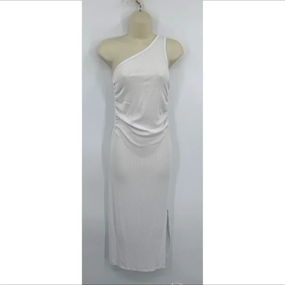 LNA Ariel Tank Dress White one shoulder ribbed stretchy slit midi bodycon Small